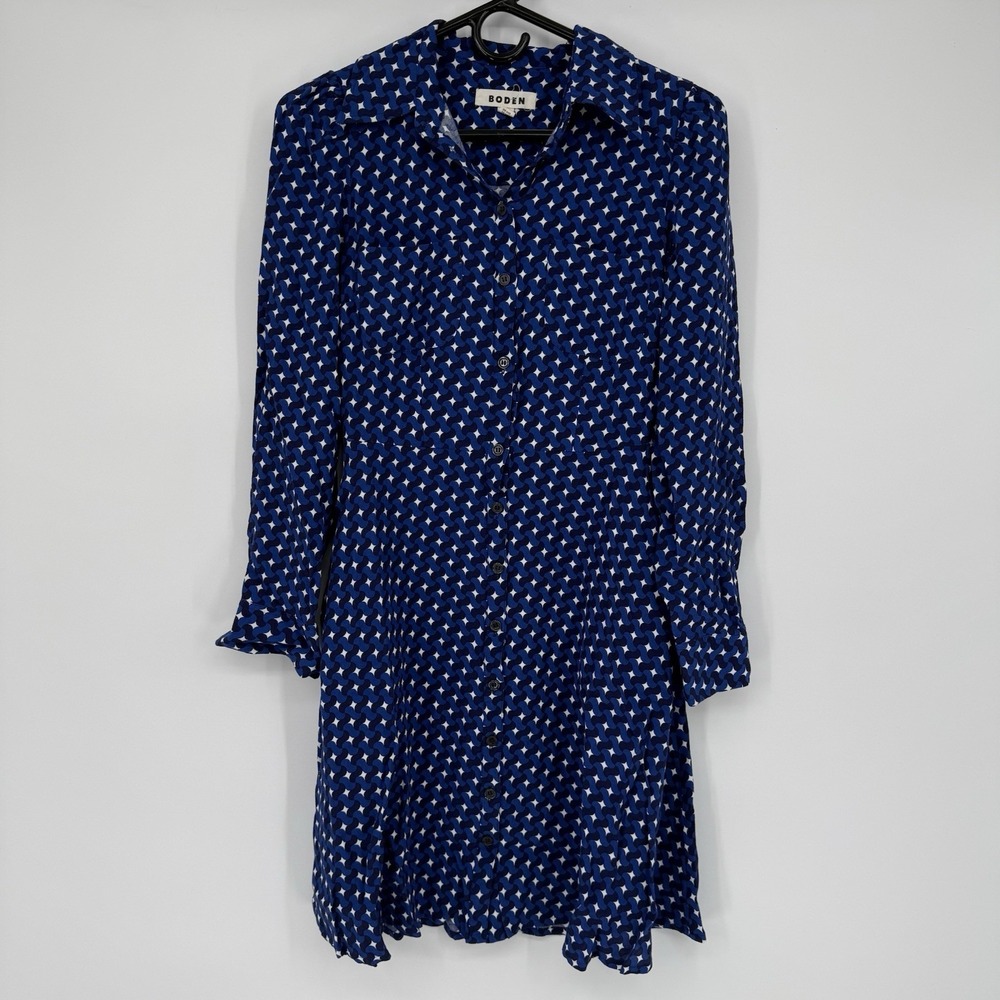 Boden Size 4RBlue White Geometric‎ AOP Button Down Dress Pockets Stretch Light